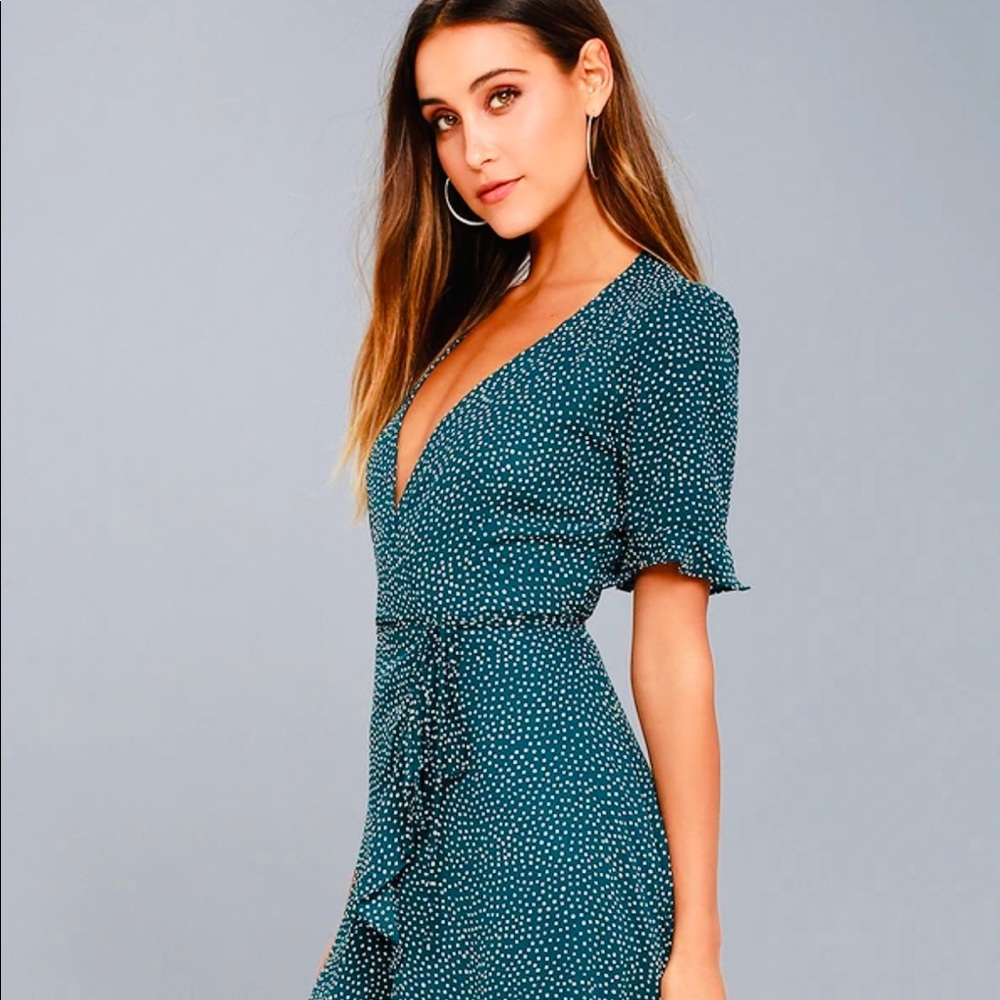 Mystified Forest Green Polka Dot High-Low Wrap Dress